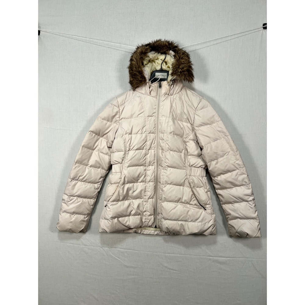 The North Face Womens Cream Goose Down Faux Fur Hood Puffer Jacket Large A8XK